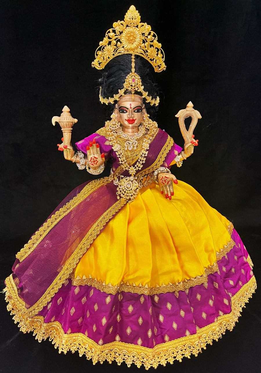 Deity half saree / lehenga patka made of Satin and Chanderi Silk Saree (Not Pure Silk) - Mustard Yellow: and Magenta Purple Lehenga with Magenta Purple blouse and dupatta