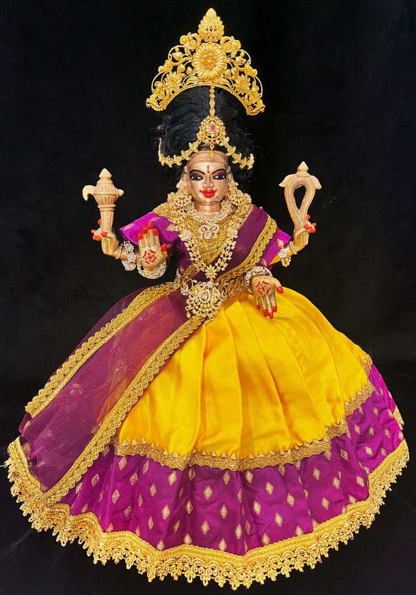 Deity half saree / lehenga patka made of Satin and Chanderi Silk Saree (Not Pure Silk) - Mustard Yellow: and Magenta Purple Lehenga with Magenta Purple  blouse and dupatta