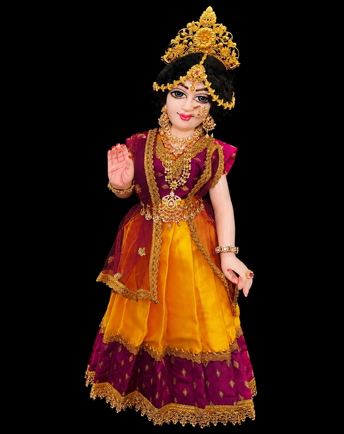 Deity half saree / lehenga patka made of Satin and Chanderi Silk Saree (Not Pure Silk) - Mustard Yellow: and Magenta Purple Lehenga with Magenta Purple blouse and dupatta 2