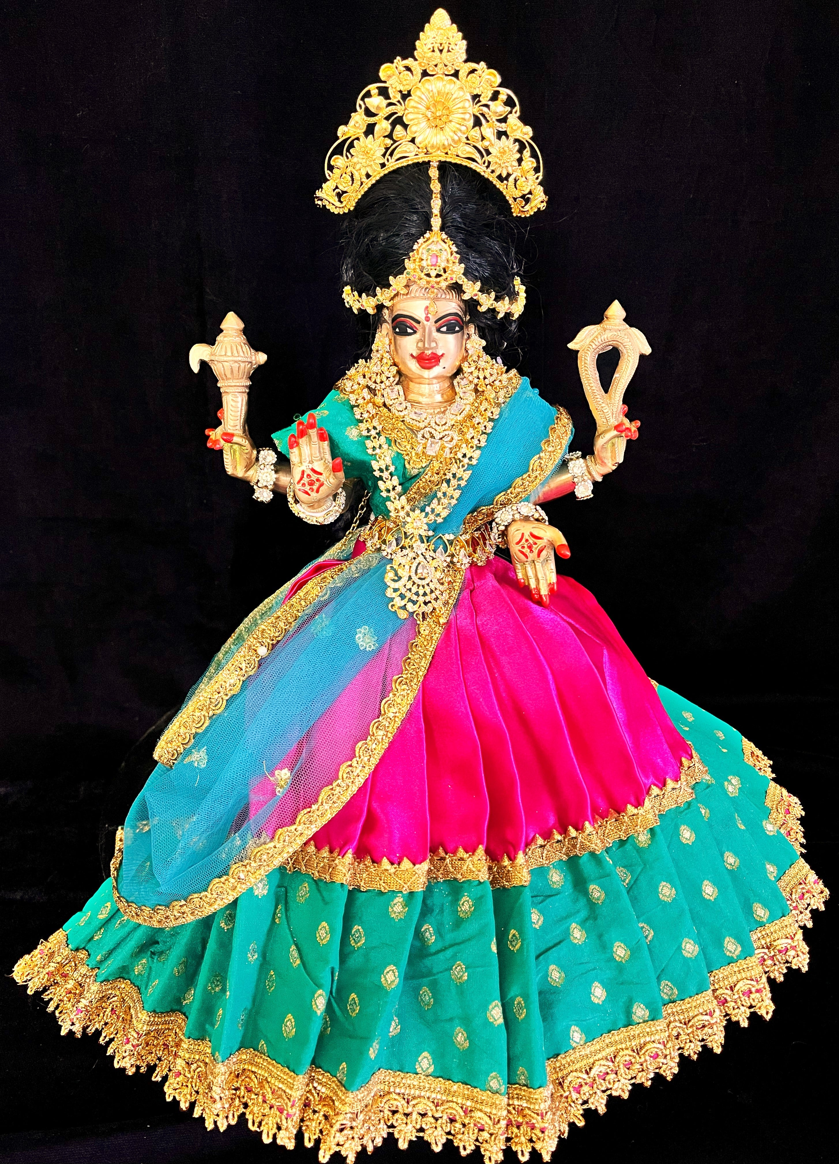 Deity half saree / lehenga patka made of Satin and Chanderi Silk Saree (Not Pure Silk) - Magenta pink and Peacock Blue Lehenga with Peacock Blue blouse and dupatta 1