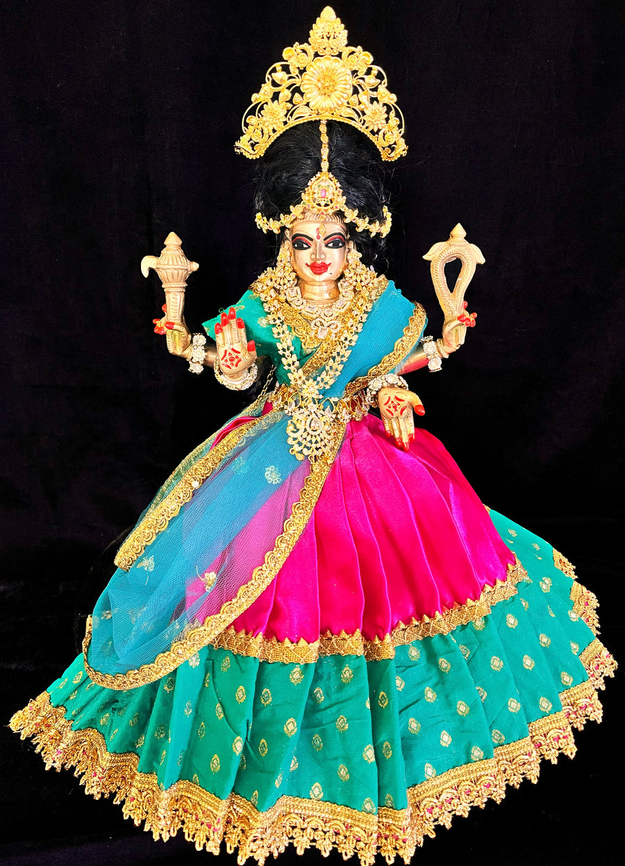 Deity half saree / lehenga patka made of Satin and Chanderi Silk Saree (Not Pure Silk) - Magenta pink and Peacock Blue Lehenga with Peacock Blue blouse and dupatta