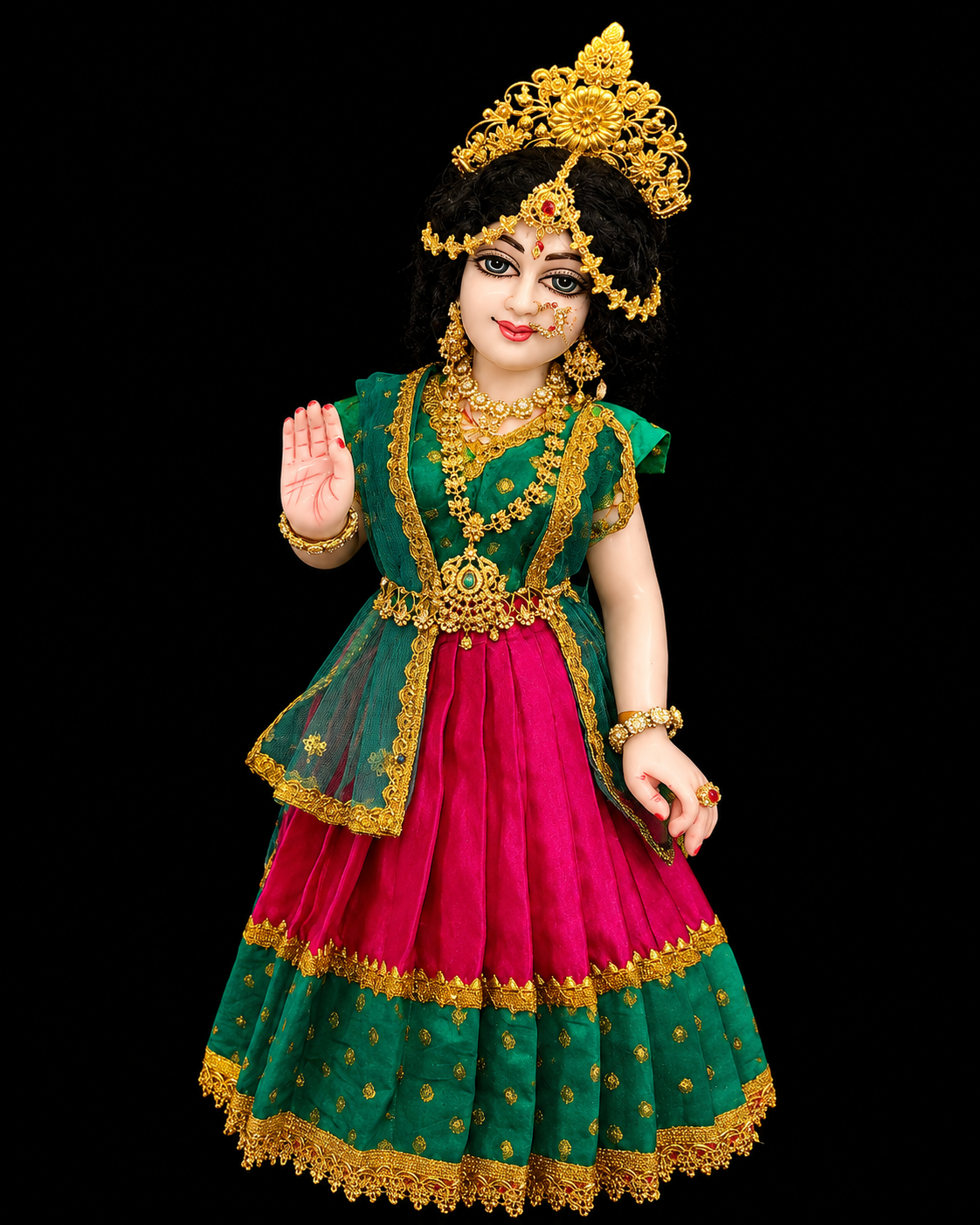 Deity half saree / lehenga patka made of Satin and Chanderi Silk Saree (Not Pure Silk) - Magenta pink and Peacock Blue Lehenga with Peacock Blue blouse and dupatta 2
