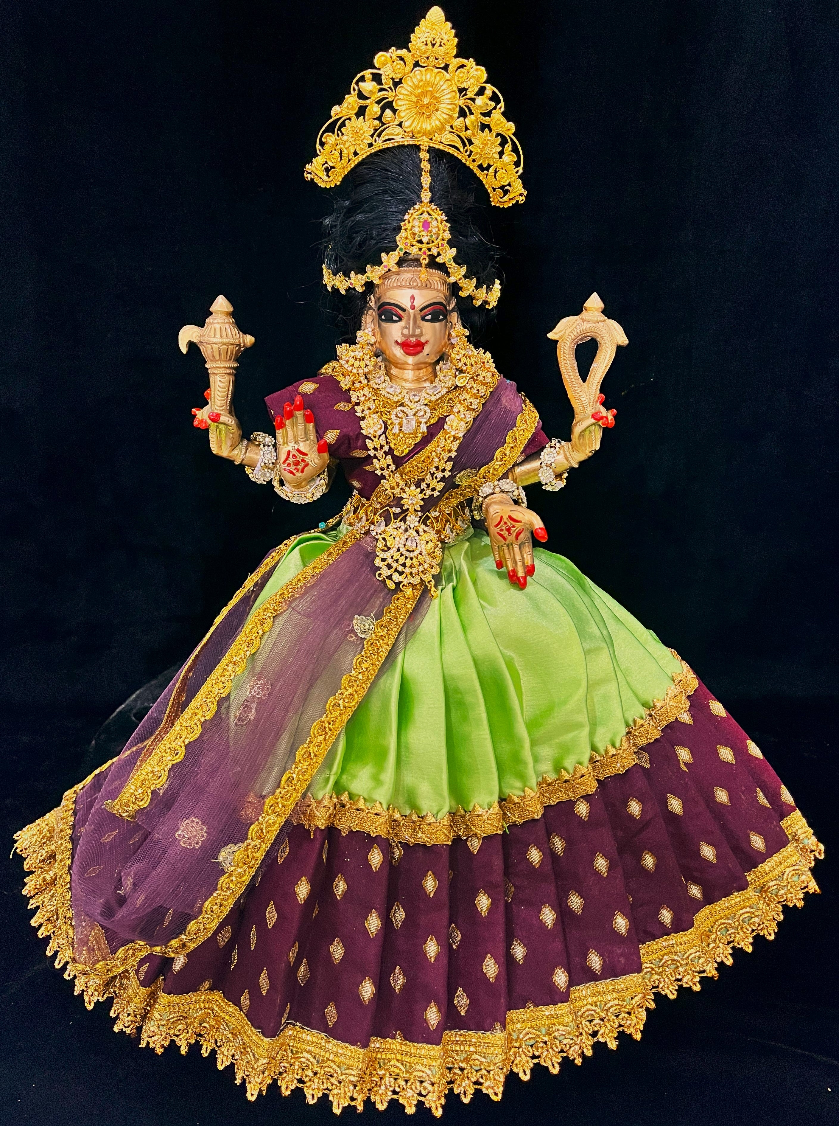 Deity half saree / lehenga patka made of Satin and Chanderi Silk Saree (Not Pure Silk) - Maroon and Light Green Pink Lehenga with Maroon blouse and dupatta 1