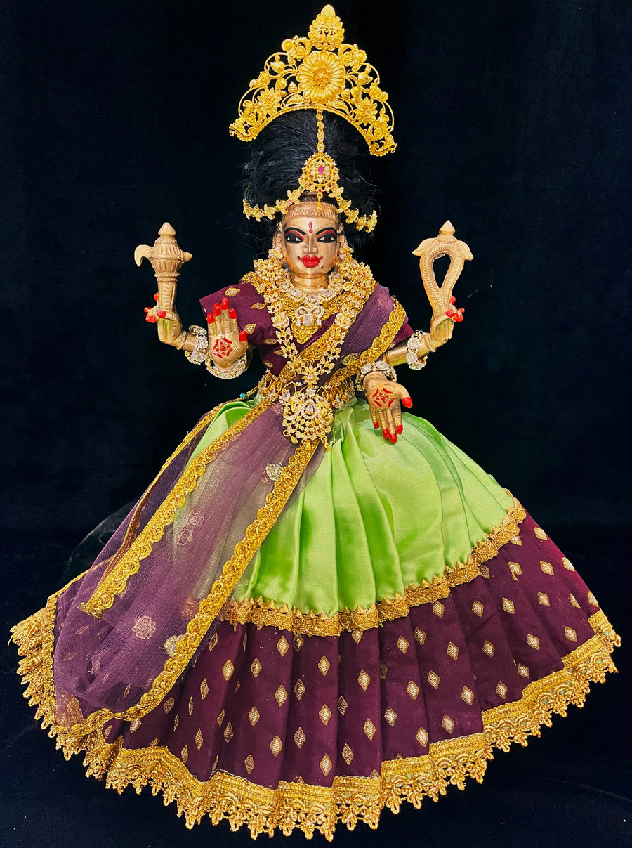 Deity half saree / lehenga patka made of Satin and Chanderi Silk Saree (Not Pure Silk) - Maroon and Light Green Pink Lehenga with Maroon blouse and dupatta
