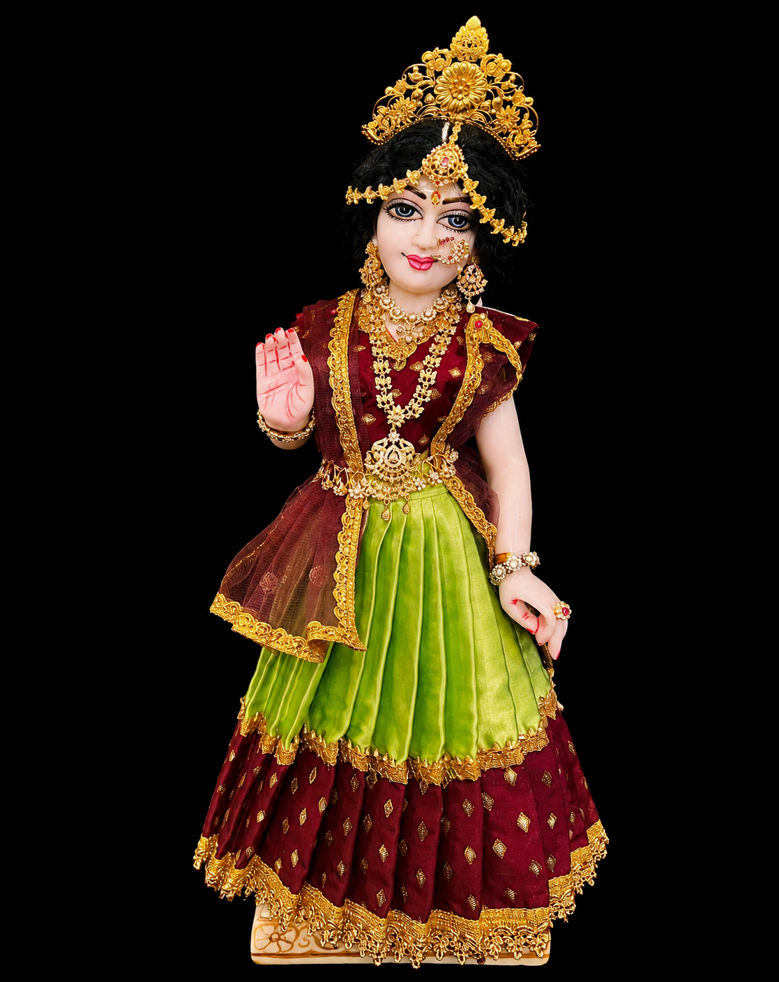 Deity half saree / lehenga patka made of Satin and Chanderi Silk Saree (Not Pure Silk) - Maroon and Light Green Pink Lehenga with Maroon blouse and dupatta 2