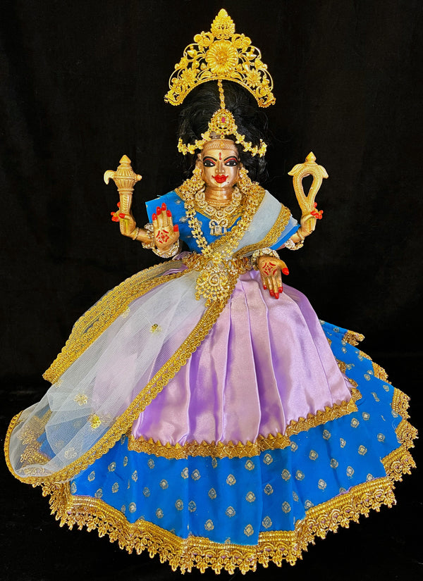 Deity half saree / lehenga patka made of Satin and Chanderi Silk Saree (Not Pure Silk) - Royal Blue and Lavender  Pink Lehenga with Royal Blue blouse and dupatta