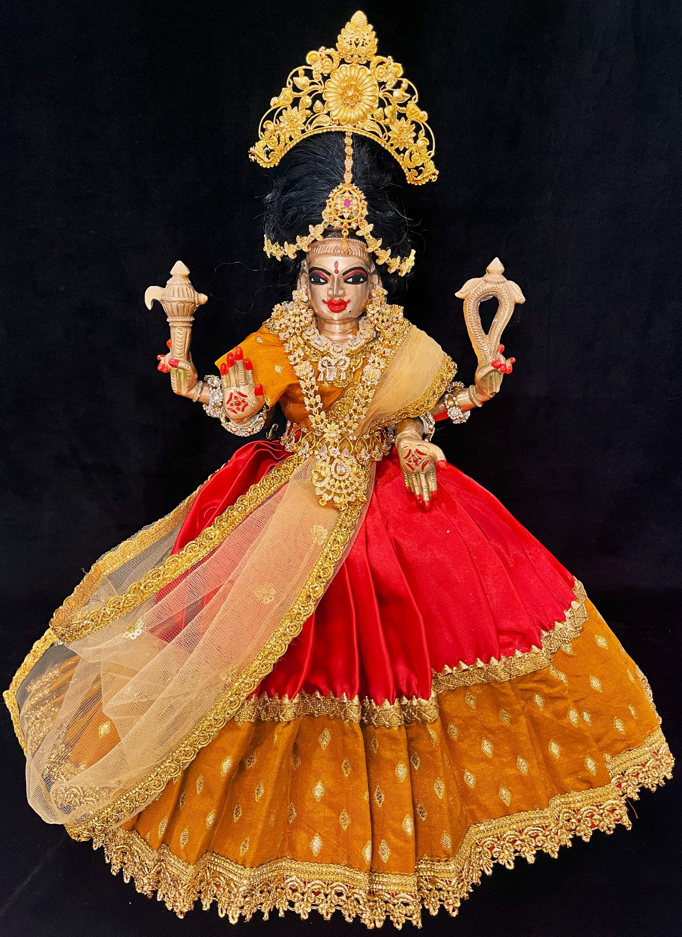 Deity half saree / lehenga patka made of Satin and Chanderi Silk Saree (Not Pure Silk) - Mustard Yellow and Red Lehenga with Mustard Yellow blouse and dupatta 1