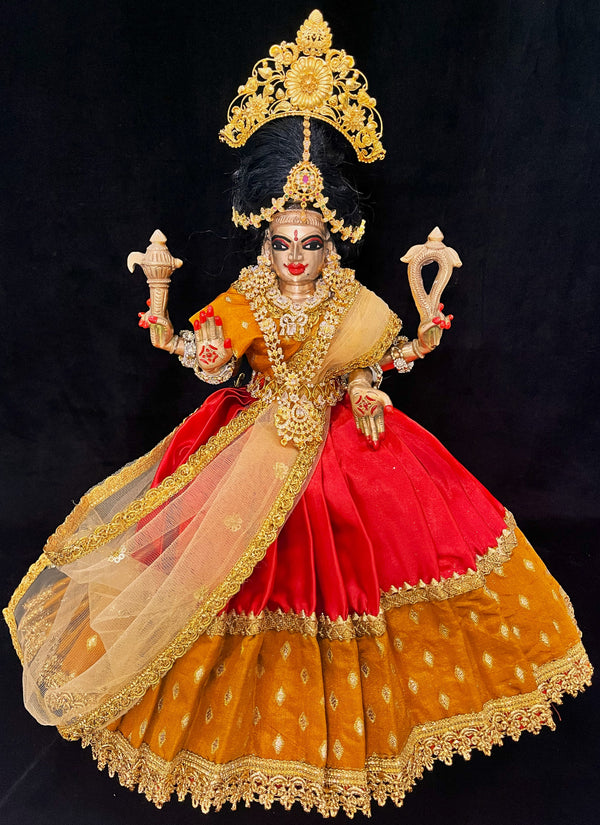 Deity half saree / lehenga patka made of Satin and Chanderi Silk Saree (Not Pure Silk) - Mustard Yellow and Red Lehenga with Mustard Yellow blouse and dupatta