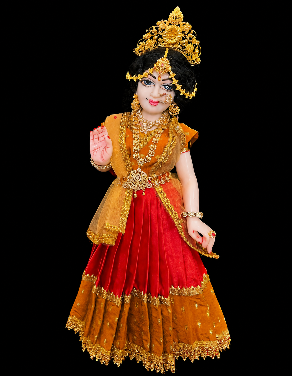 Deity half saree / lehenga patka made of Satin and Chanderi Silk Saree (Not Pure Silk) - Mustard Yellow and Red Lehenga with Mustard Yellow blouse and dupatta 2