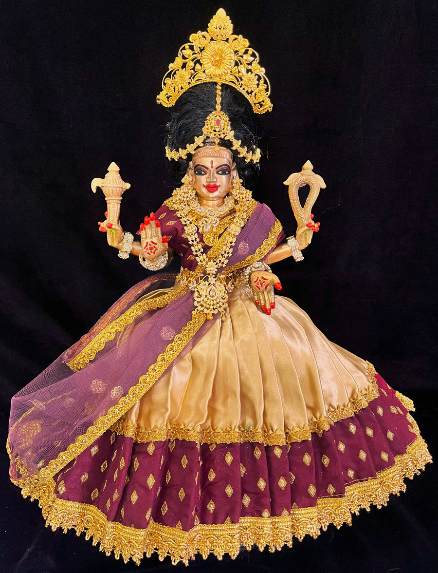 Deity half saree / lehenga patka made of Satin and Chanderi Silk Saree (Not Pure Silk) - Brown and Cream Gold Lehenga with Brown blouse and dupatta