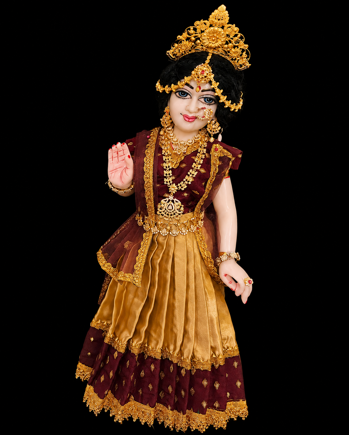 Deity half saree / lehenga patka made of Satin and Chanderi Silk Saree (Not Pure Silk) - Brown and Cream Gold Lehenga with Brown blouse and dupatta 2