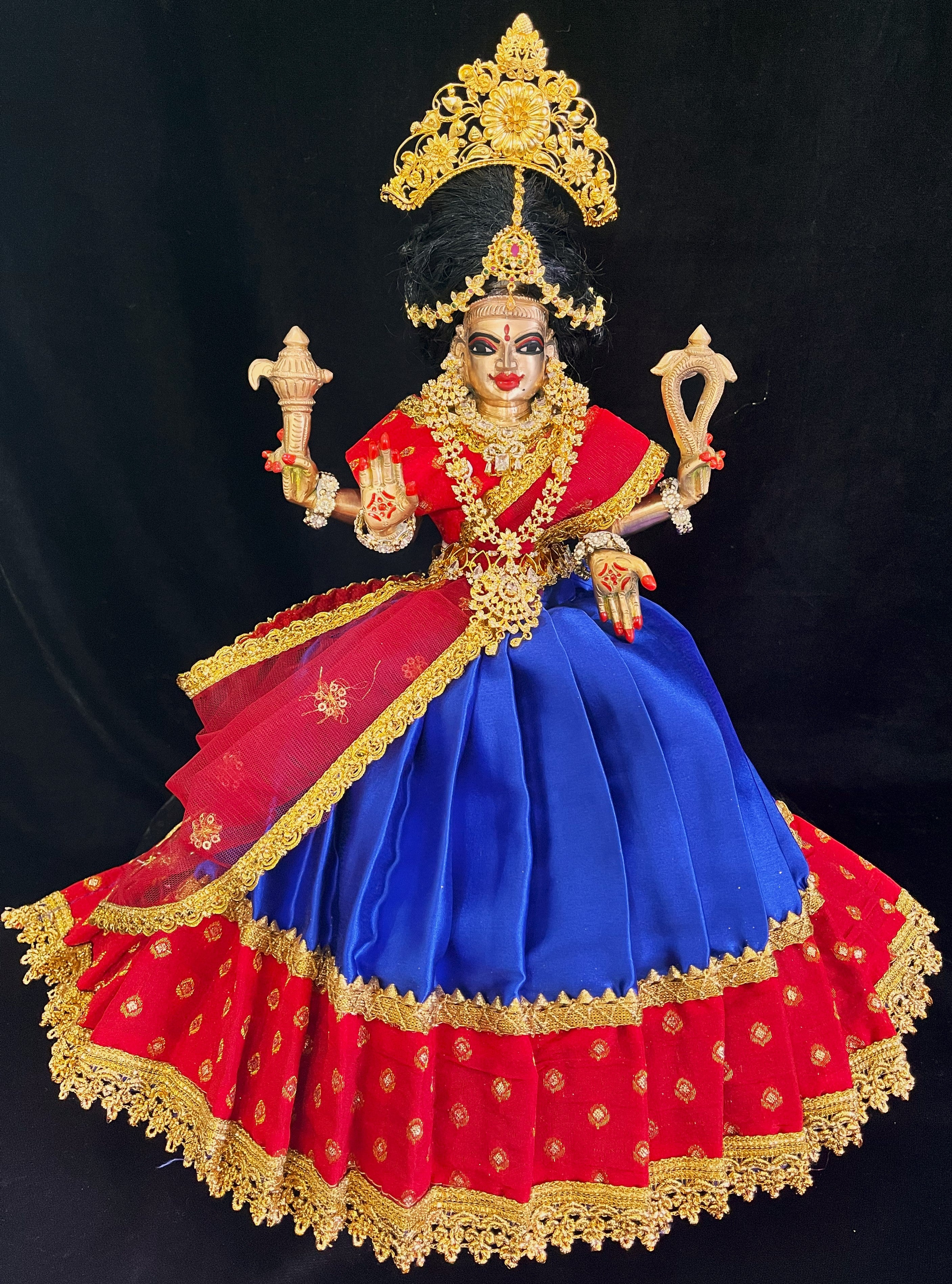 Deity half saree / lehenga patka made of Satin and Chanderi Silk Saree (Not Pure Silk) - Red and Royal Blue Lehenga with Red blouse and dupatta 1