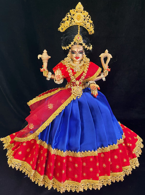 Deity half saree / lehenga patka made of Satin and Chanderi Silk Saree (Not Pure Silk) - Red and Royal Blue Lehenga with Red blouse and dupatta