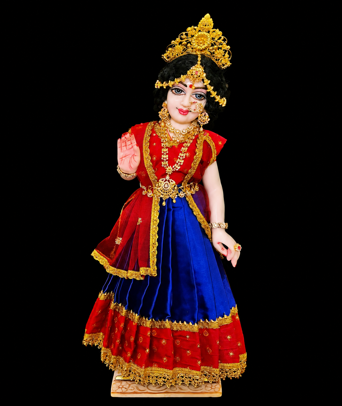 Deity half saree / lehenga patka made of Satin and Chanderi Silk Saree (Not Pure Silk) - Red and Royal Blue Lehenga with Red blouse and dupatta 2