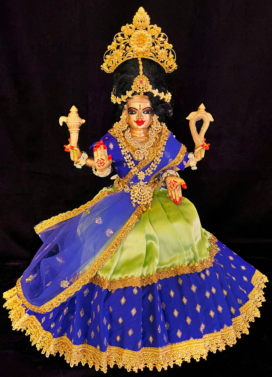 Deity half saree / lehenga patka made of Satin and Chanderi Silk Saree (Not Pure Silk) - Royal Blue and Light Green Lehenga with Royal Blue blouse and dupatta
