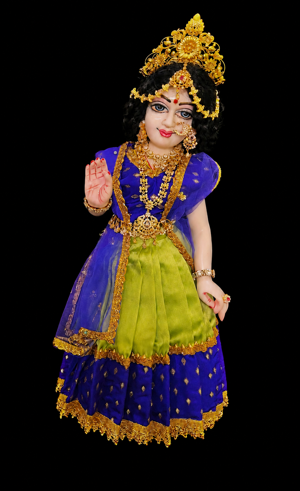 Deity half saree / lehenga patka made of Satin and Chanderi Silk Saree (Not Pure Silk) - Royal Blue and Light Green Lehenga with Royal Blue blouse and dupatta 2