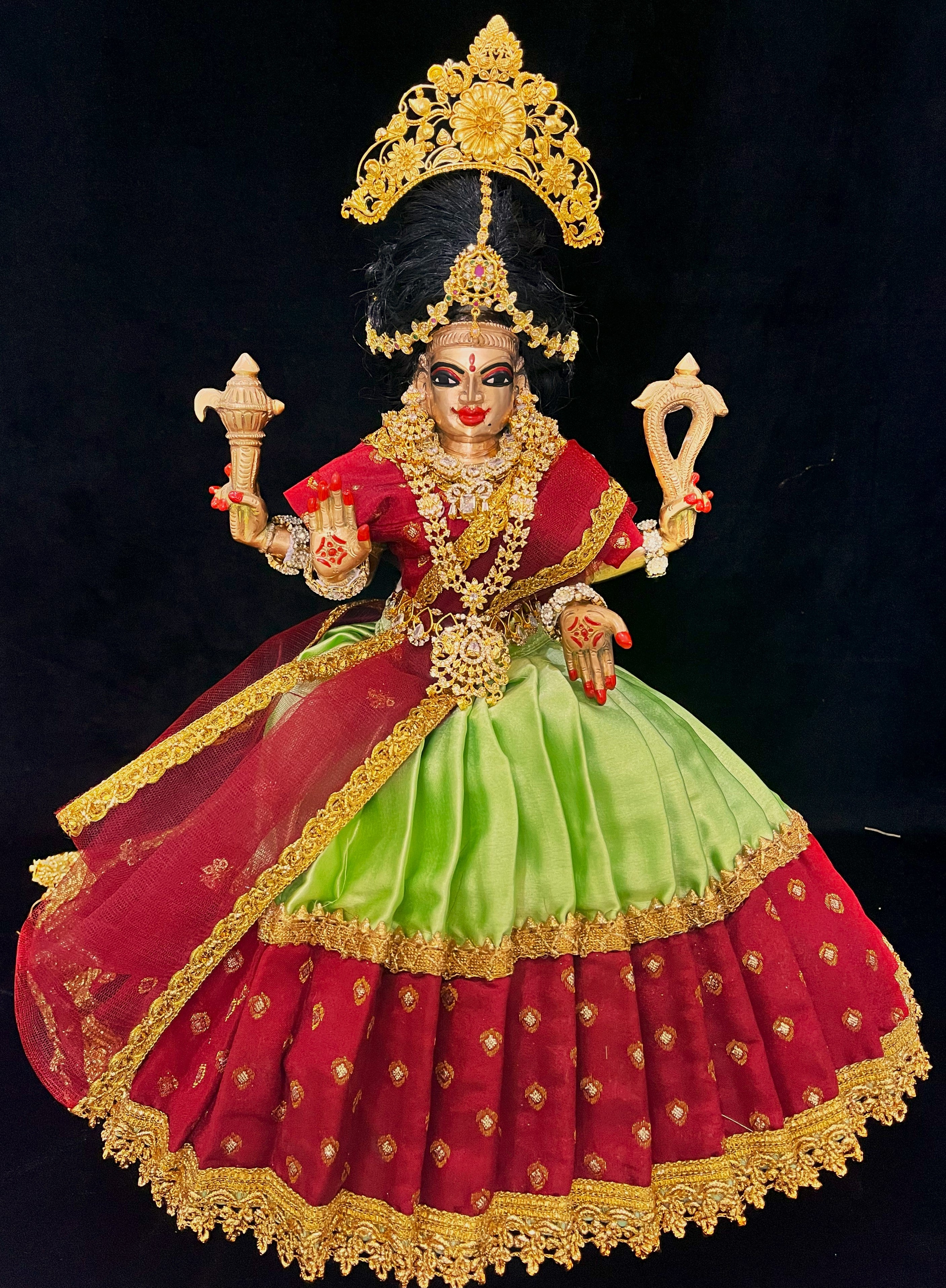 Deity half saree / lehenga patka made of Satin and Chanderi Silk Saree (Not Pure Silk) - Red and Lime Green Lehenga with Red blouse and dupatta 1