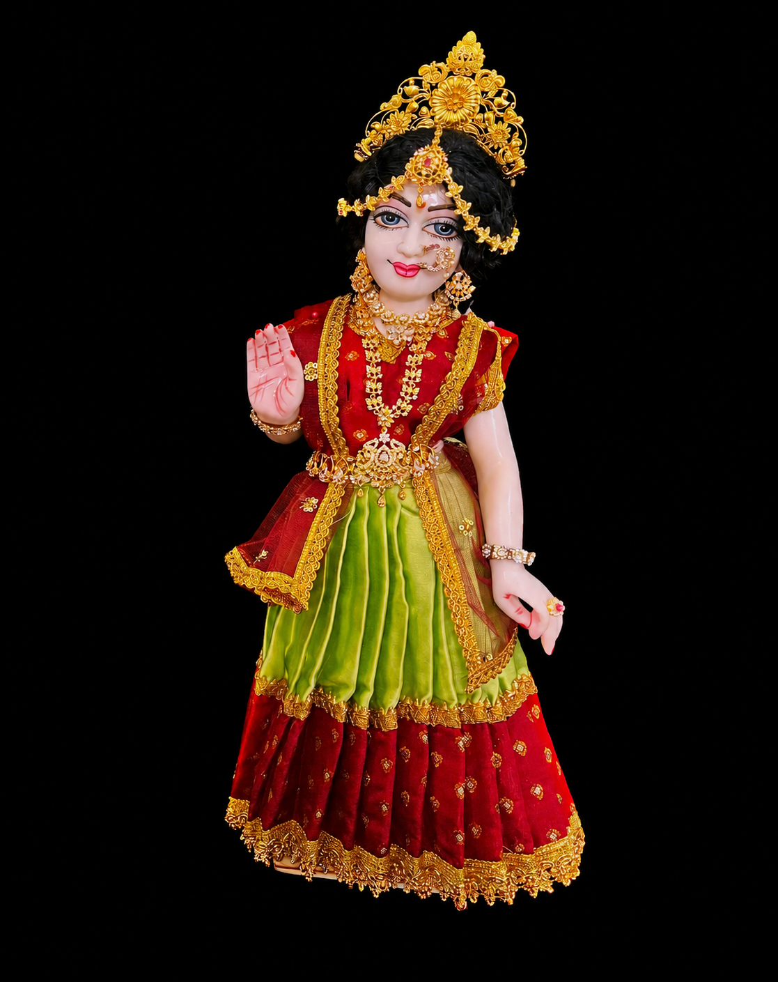 Deity half saree / lehenga patka made of Satin and Chanderi Silk Saree (Not Pure Silk) - Red and Lime Green Lehenga with Red blouse and dupatta 2