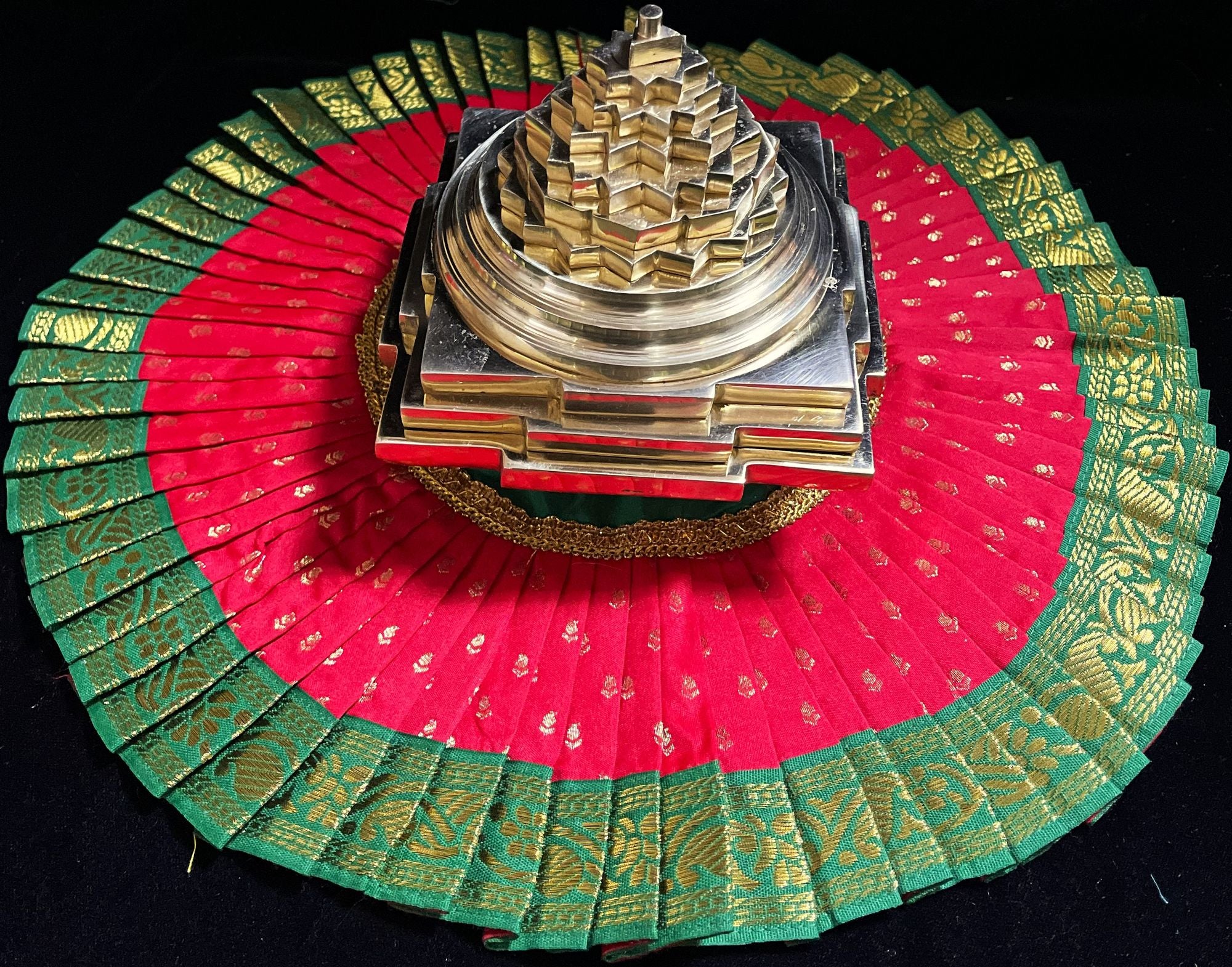 Sri Chakra Dress made of Soft Silk (Pure Silk) - Red Dress with Green border 1