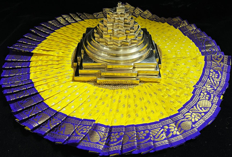 Sri Chakra Dress made of Soft Silk (Pure Silk) - Yellow Dress with Royal Blue border