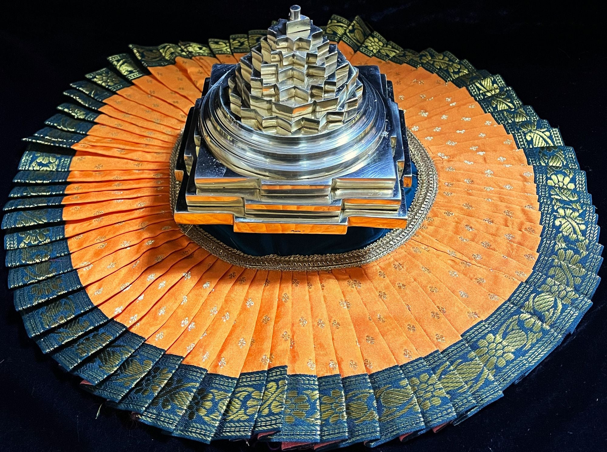 Sri Chakra Dress made of Soft Silk (Pure Silk) - Orange Dress with Turquoise Blue border 1