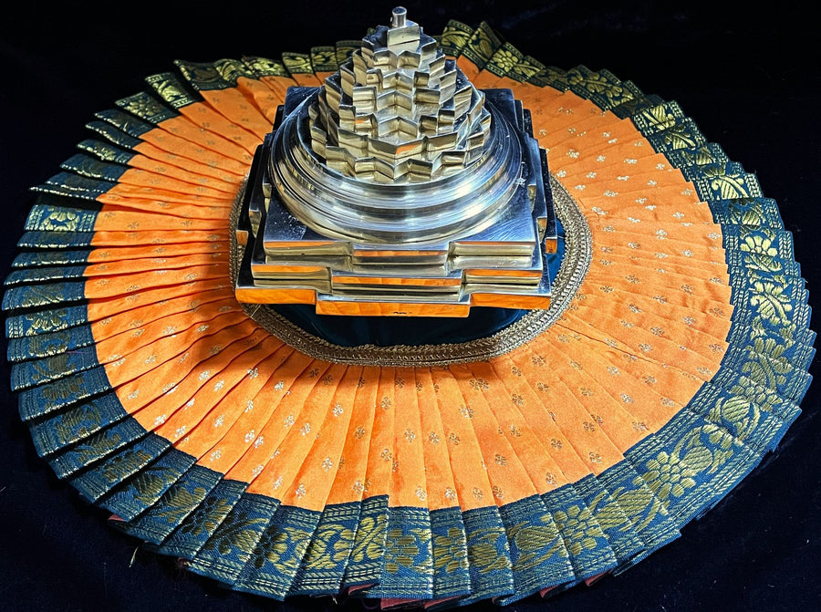 Sri Chakra Dress made of Soft Silk (Pure Silk) - Orange Dress with Turquoise Blue border