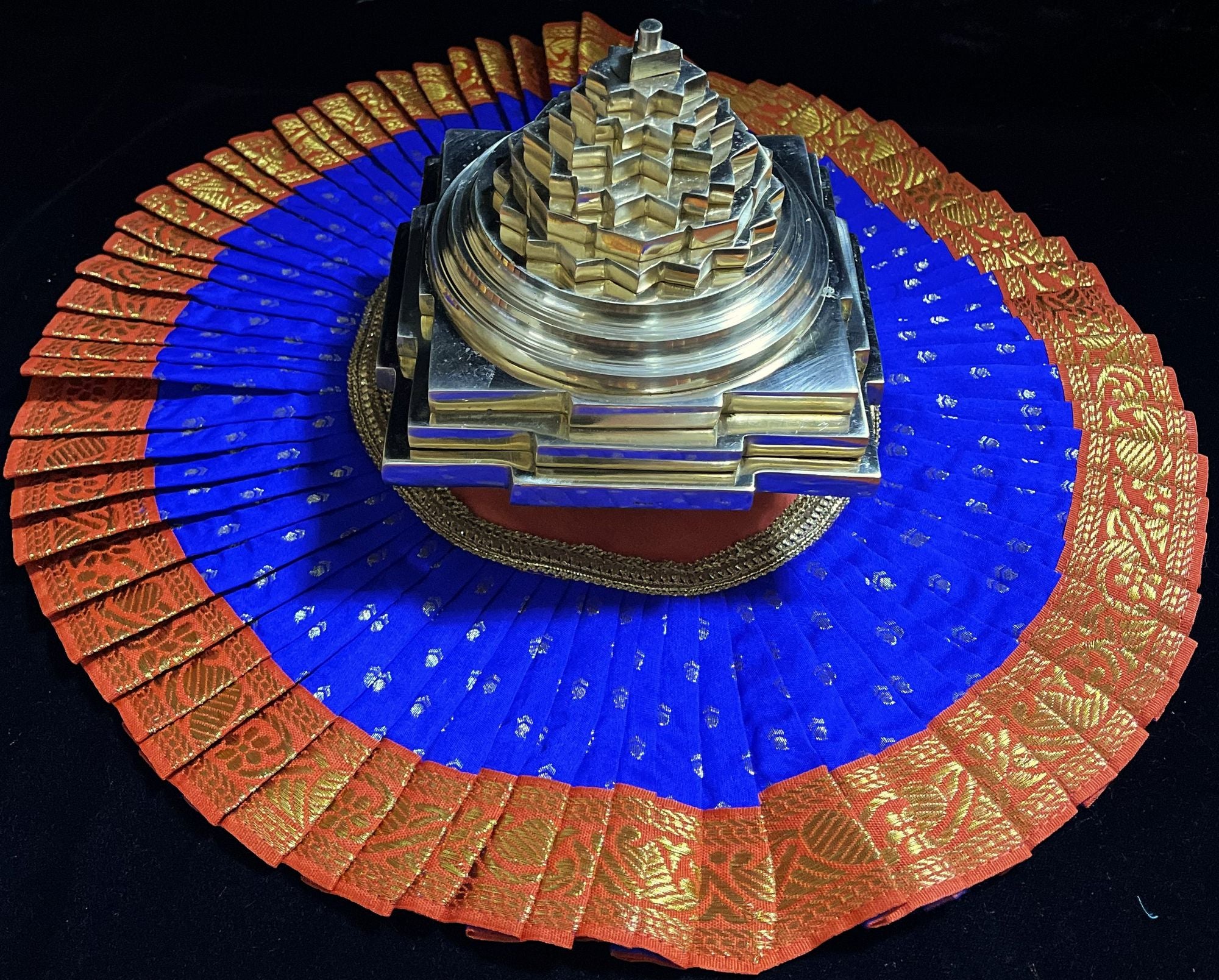 Sri Chakra Dress made of Soft Silk (Pure Silk) - Blue Dress with Orange border 1