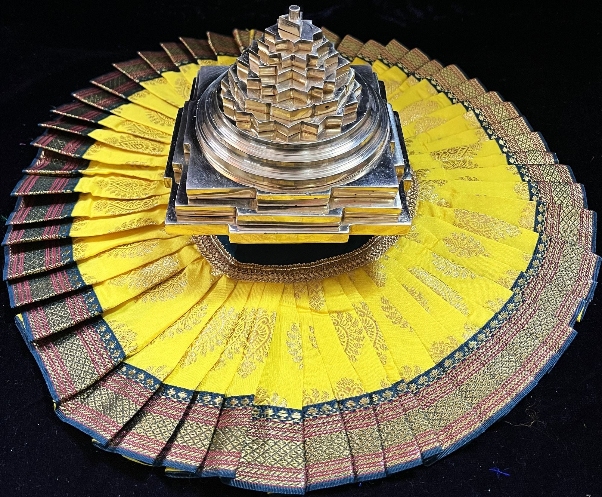 Sri Chakra Dress made of Tapeta Silk (Not Pure Silk) - Yellow with Dark Green border 1