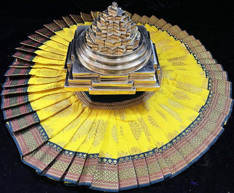 Sri Chakra Dress made of Tapeta Silk (Not Pure Silk) - Yellow with Dark Green border