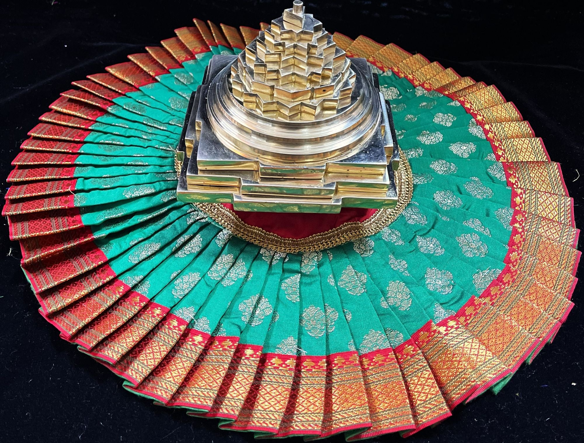 Sri Chakra Dress made of Tapeta Silk (Not Pure Silk) - Green with Red border 1