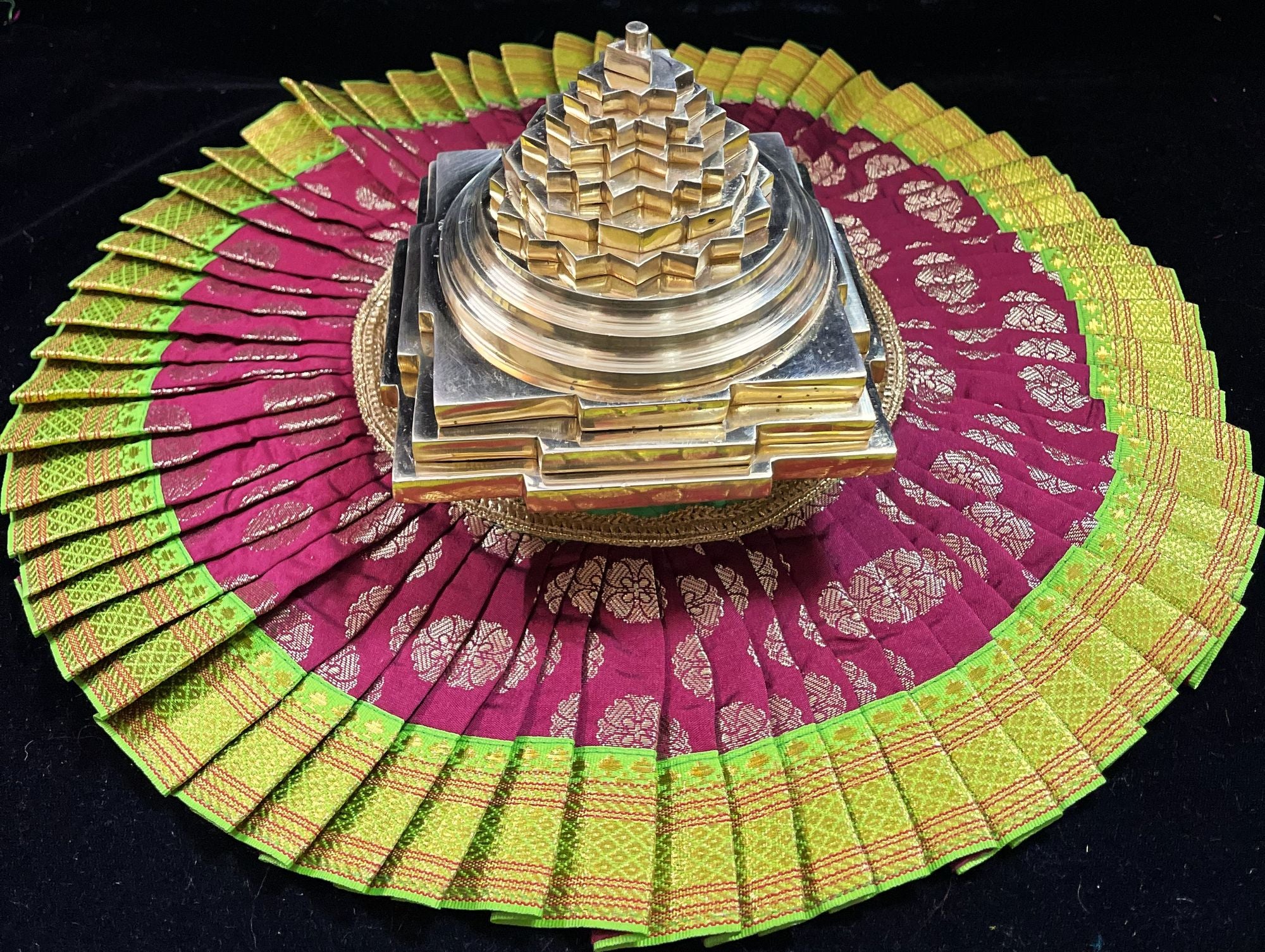Sri Chakra Dress made of Tapeta Silk (Not Pure Silk) - Maroon with Parrot Green border 1