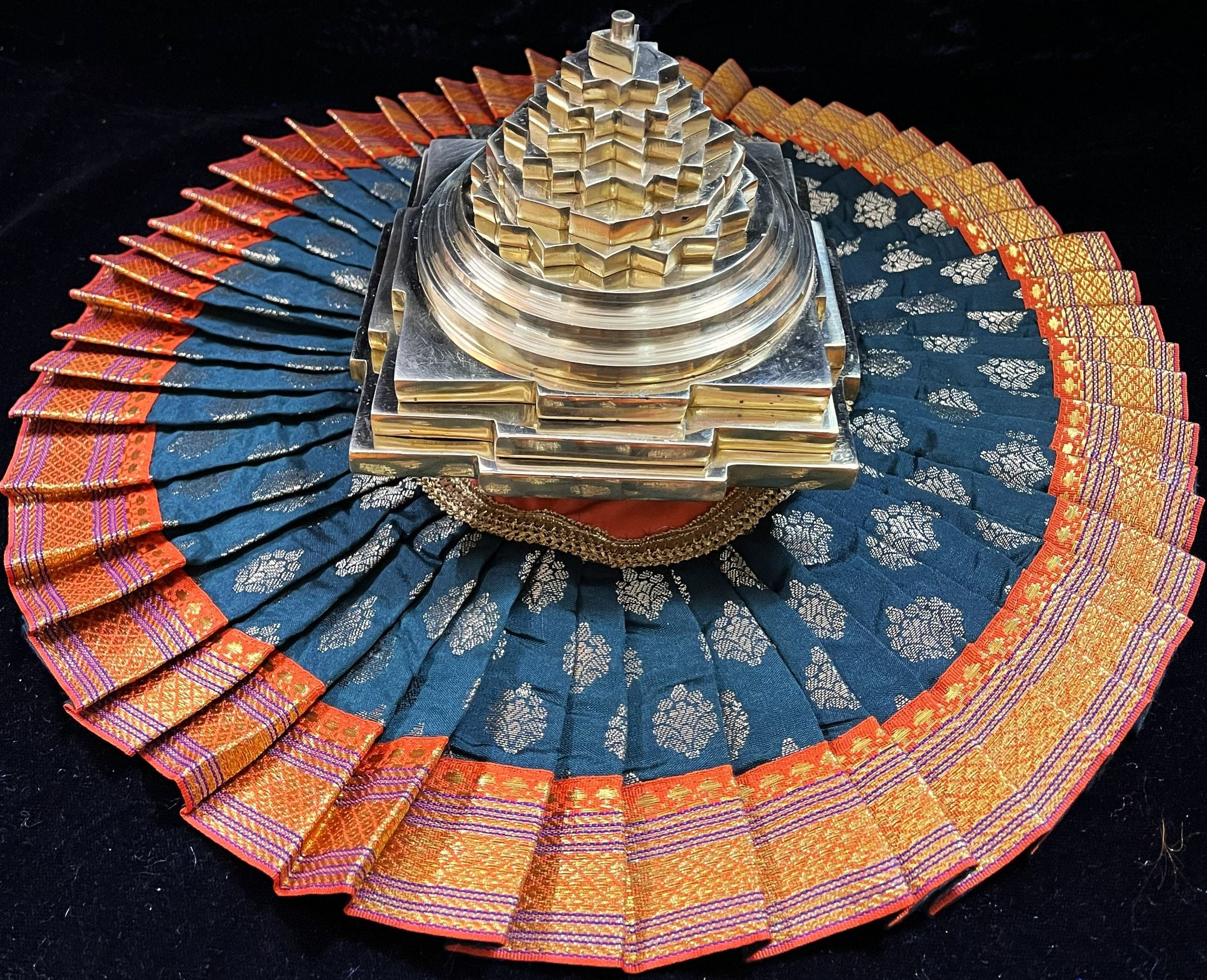 Sri Chakra Dress made of Tapeta Silk (Not Pure Silk) - Dark Green with Orange border 1