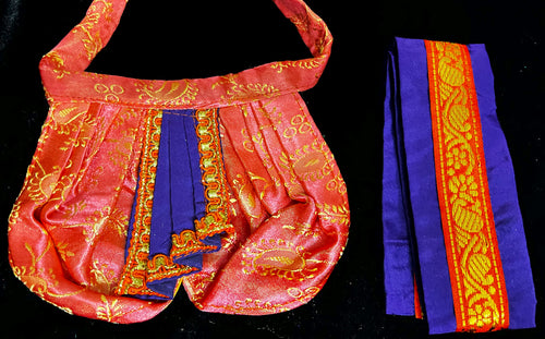 Deity dhoti and patka shalya / Uparna vastra made of Satin Silk (Not Pure Silk) - Peach Dhoti with Purple border and Purple shalya