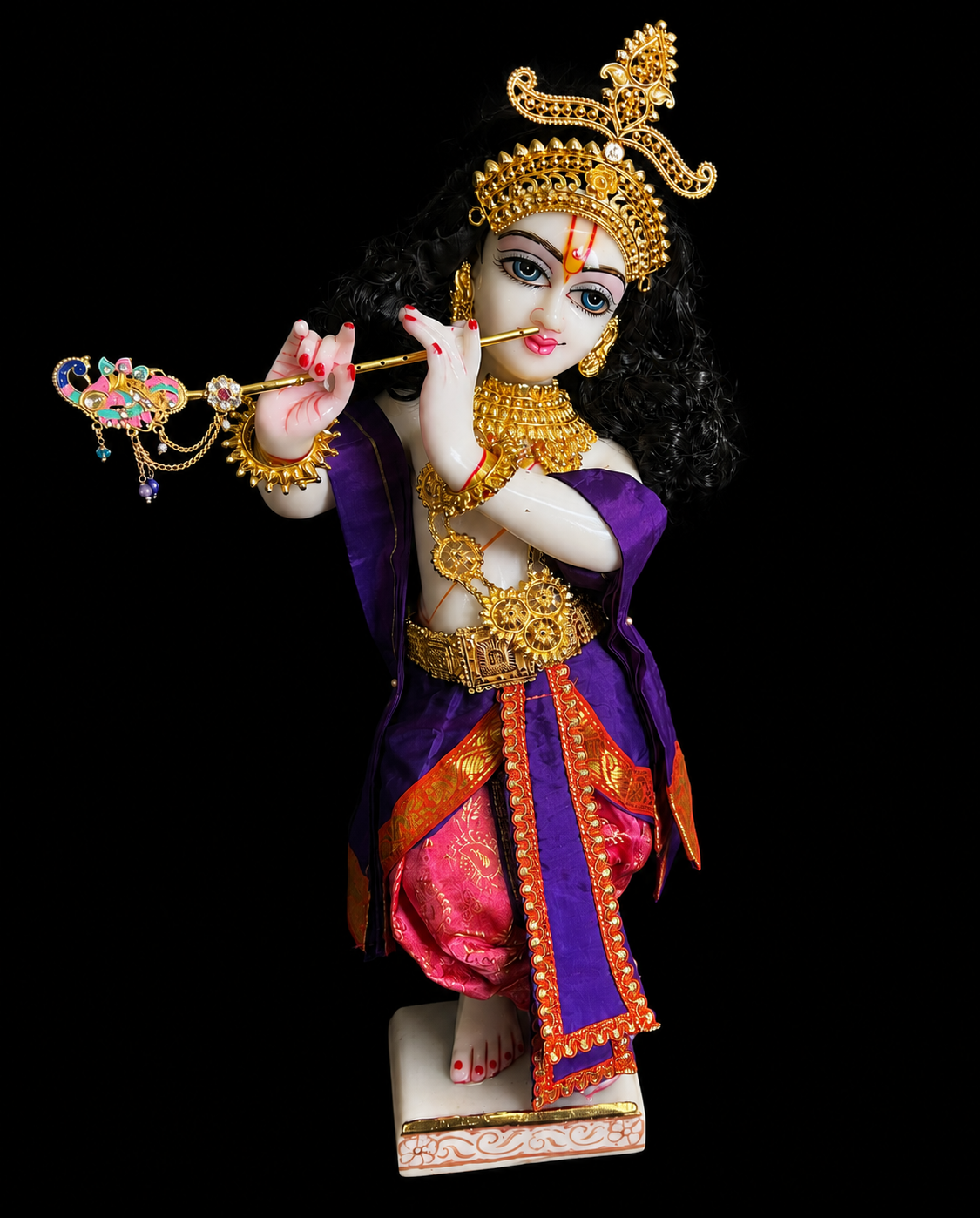 Deity dhoti and patka shalya / Uparna vastra made of Satin Silk (Not Pure Silk) - Peach Dhoti with Purple border and Purple shalya 3