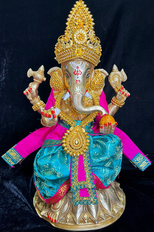 Deity dhoti and patka shalya / Uparna vastra made of Satin Silk (Not Pure Silk) - Aqua blue Dhoti with Pink border and Pink shalya