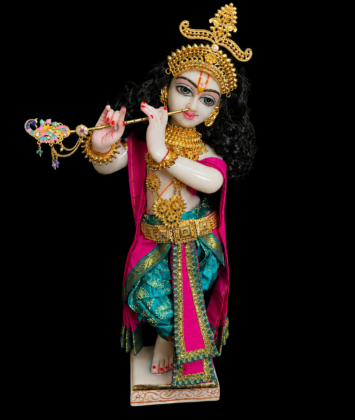Deity dhoti and patka shalya / Uparna vastra made of Satin Silk (Not Pure Silk) - Aqua blue Dhoti with Pink border and Pink shalya 4