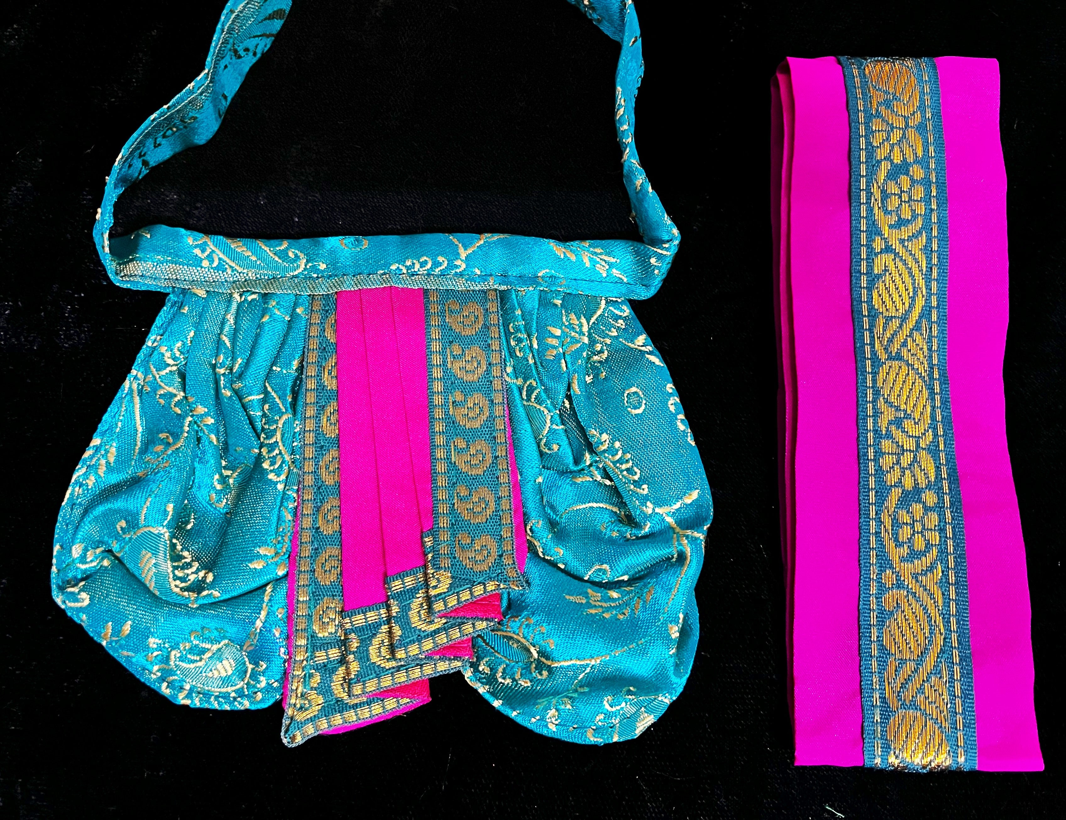 Deity dhoti and patka shalya / Uparna vastra made of Satin Silk (Not Pure Silk) - Aqua blue Dhoti with Pink border and Pink shalya 2