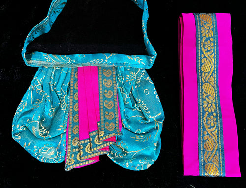 Deity dhoti and patka shalya / Uparna vastra made of Satin Silk (Not Pure Silk) - Aqua blue Dhoti with Pink border and Pink shalya