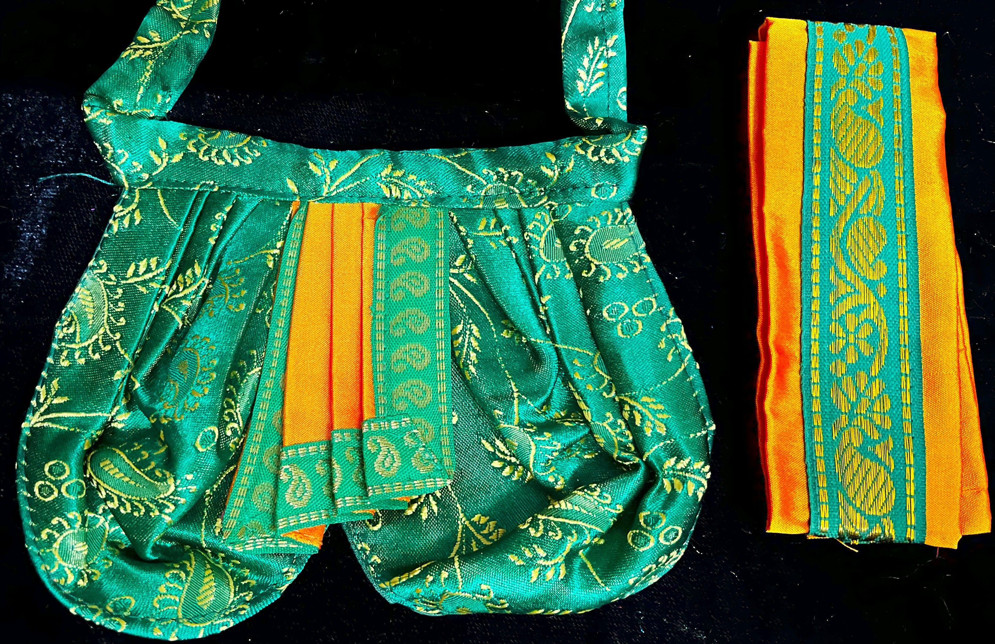 Deity dhoti and patka shalya / Uparna vastra made of Satin Silk (Not Pure Silk) - Green Dhoti with Orange border and Orange shalya 1