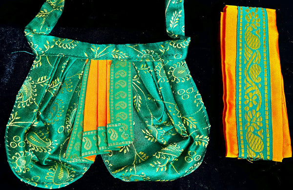 Deity dhoti and patka shalya / Uparna vastra made of Satin Silk (Not Pure Silk) - Green Dhoti with Orange border and Orange shalya