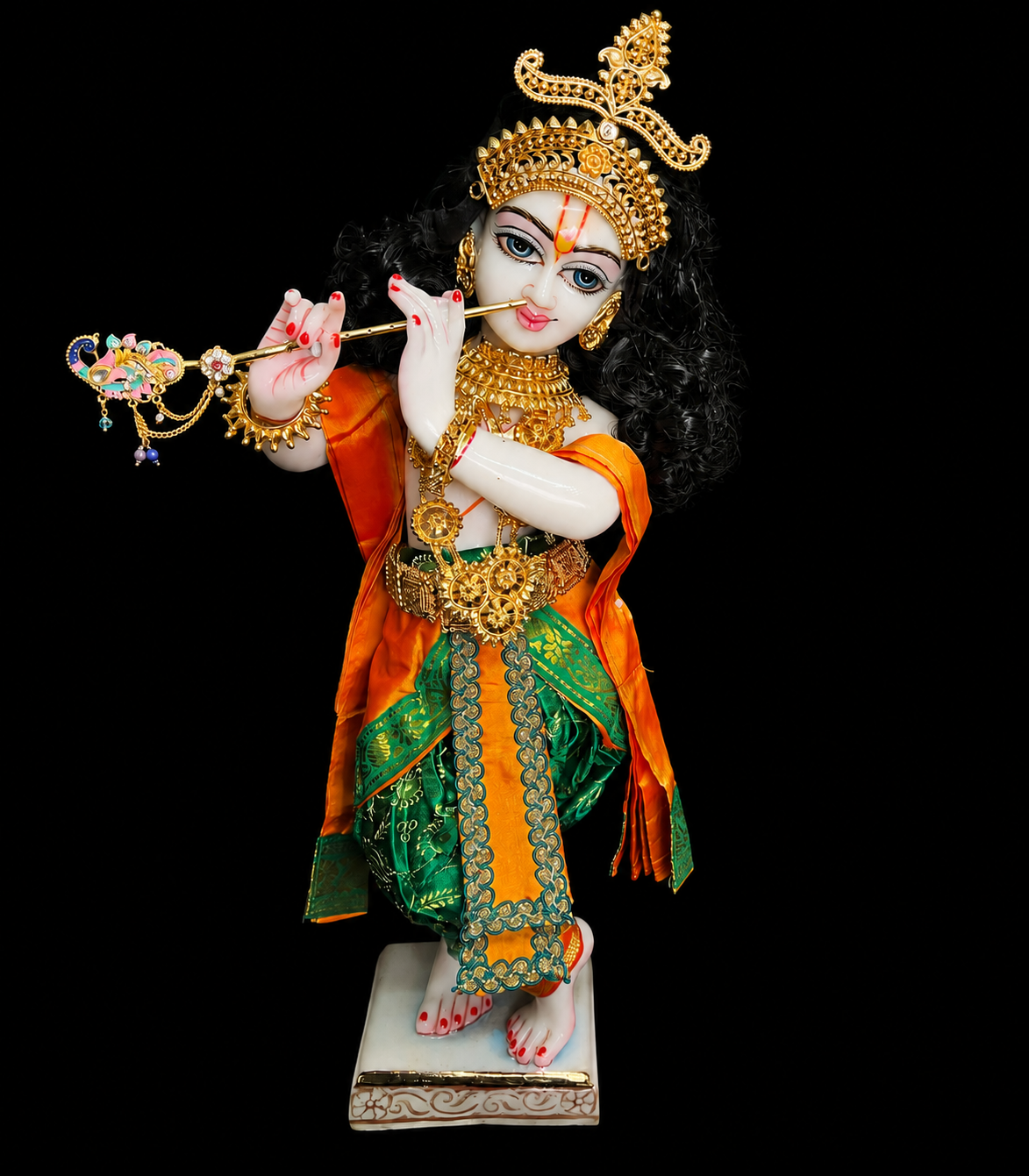 Deity dhoti and patka shalya / Uparna vastra made of Satin Silk (Not Pure Silk) - Green Dhoti with Orange border and Orange shalya 3