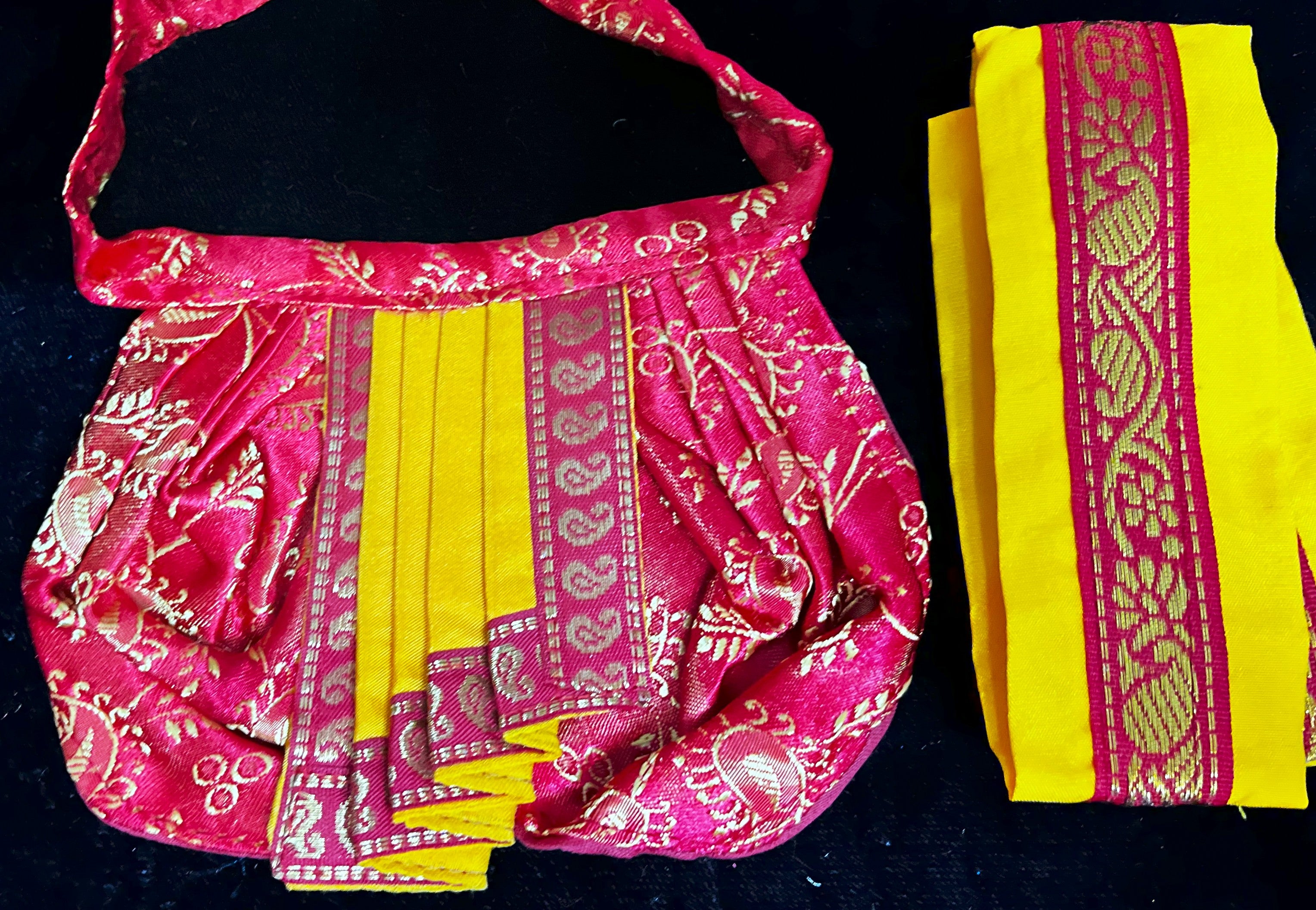 Deity dhoti and patka shalya / Uparna vastra made of Satin Silk (Not Pure Silk) - Red Dhoti with Yellow border and Yellow shalya 2