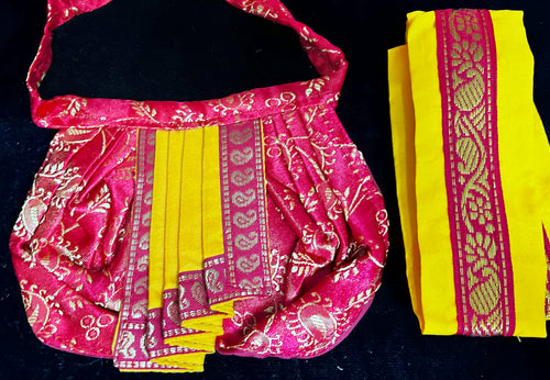 Deity dhoti and patka shalya / Uparna vastra made of Satin Silk (Not Pure Silk) - Red Dhoti with Yellow border and Yellow shalya