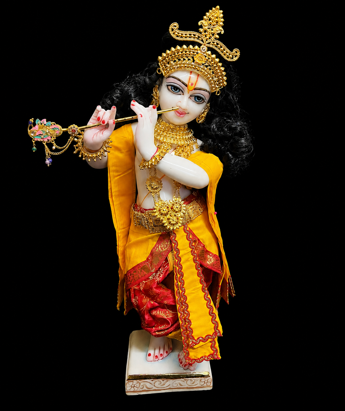 Deity dhoti and patka shalya / Uparna vastra made of Satin Silk (Not Pure Silk) - Red Dhoti with Yellow border and Yellow shalya 3