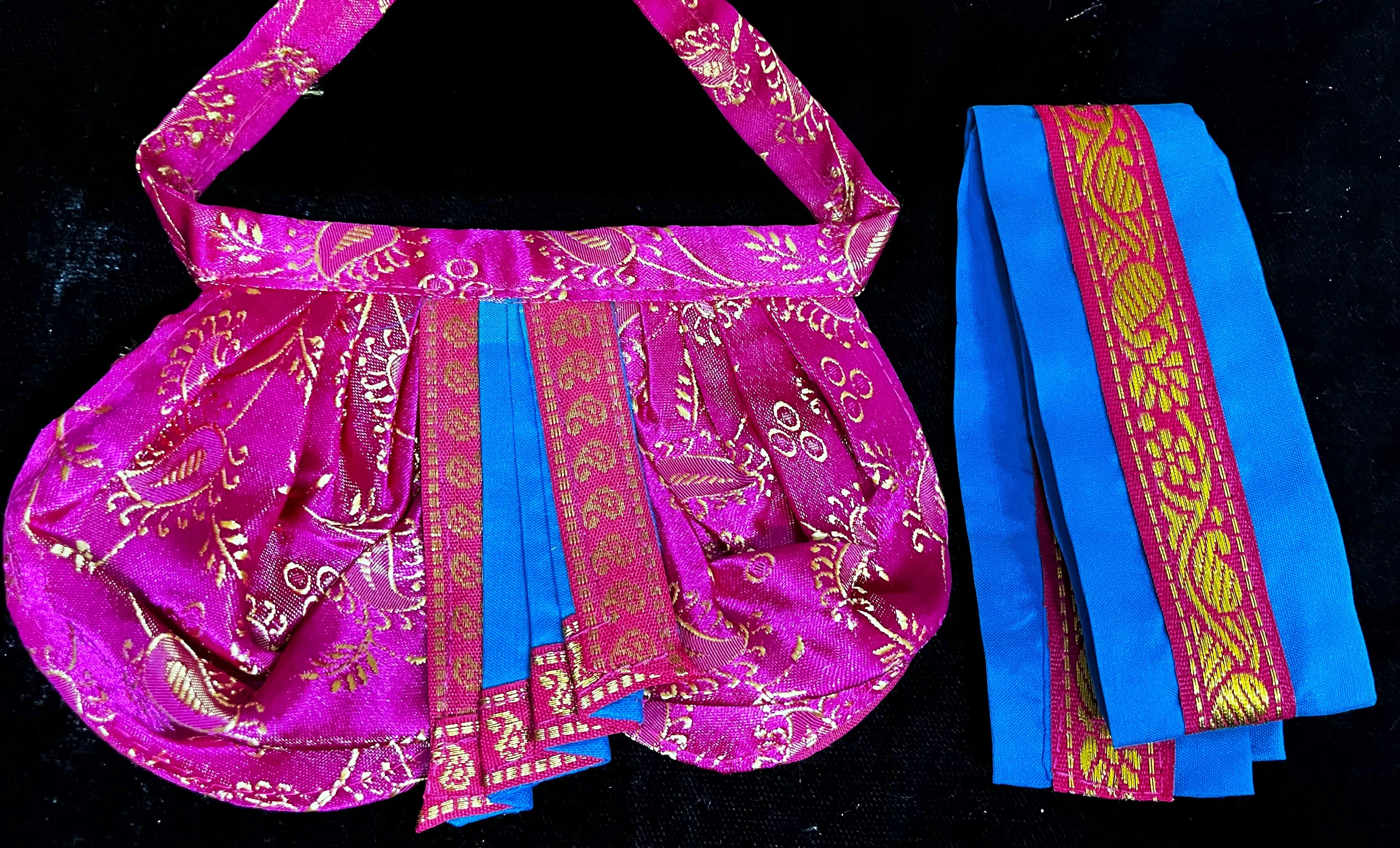 Deity dhoti and patka shalya / Uparna vastra made of Satin Silk (Not Pure Silk) - Pink Dhoti with Blue border and Blue shalya 1