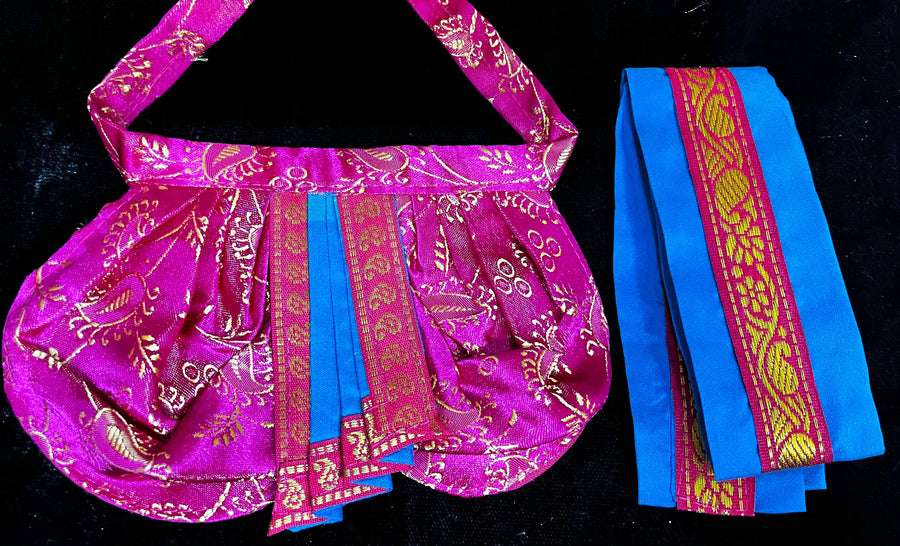 Deity dhoti and patka shalya / Uparna vastra made of Satin Silk (Not Pure Silk) - Pink Dhoti with Blue border and Blue shalya