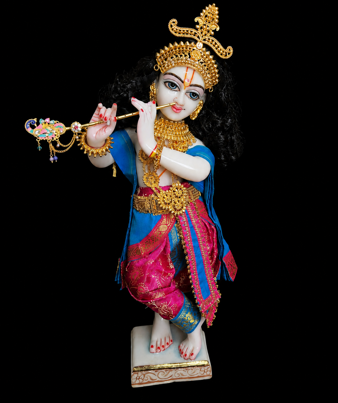 Deity dhoti and patka shalya / Uparna vastra made of Satin Silk (Not Pure Silk) - Pink Dhoti with Blue border and Blue shalya 3