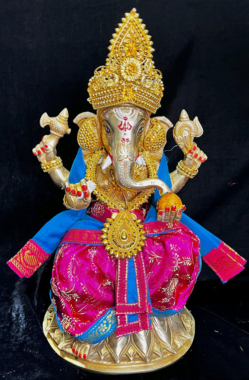 Deity dhoti and patka shalya / Uparna vastra made of Satin Silk (Not Pure Silk) - Pink Dhoti with Blue border and Blue shalya