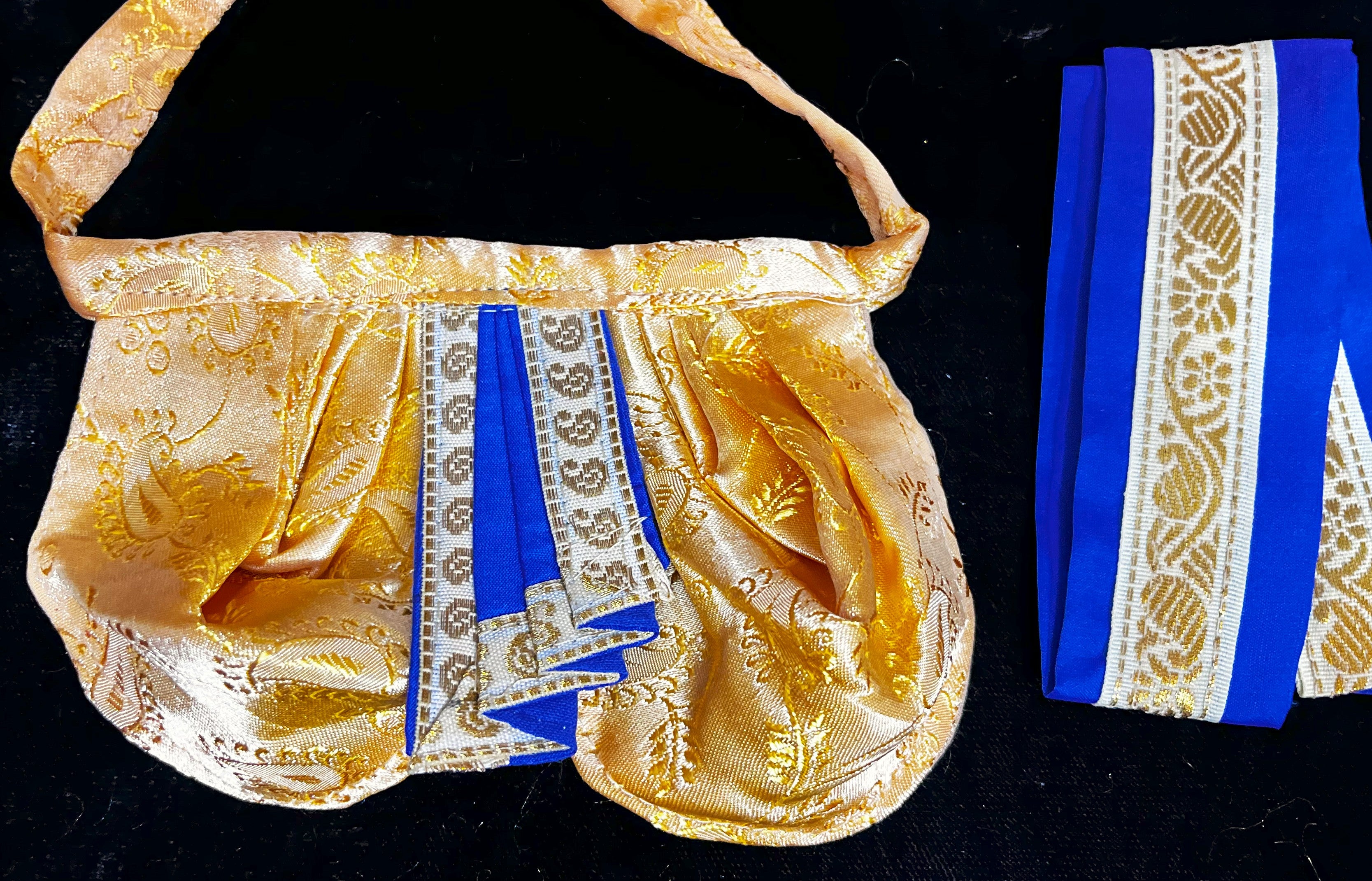 Deity dhoti and patka shalya / Uparna vastra made of Satin Silk (Not Pure Silk) - Gold Dhoti with Royal Blue border and Royal Blue shalya 2
