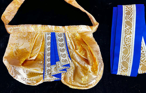Deity dhoti and patka shalya / Uparna vastra made of Satin Silk (Not Pure Silk) - Gold Dhoti with Royal Blue border and Royal Blue shalya